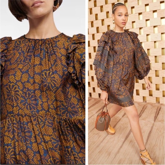 ULLA‎ JOHNSON Emilia Mini Dress Floral Silk Size 0 Long Sleeve Hemlock Printed